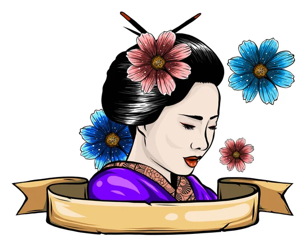 Geisha μεταξύ ανθισμένα λουλούδια διάνυσμα εικονογράφηση σχεδιασμό — Διανυσματικό Αρχείο