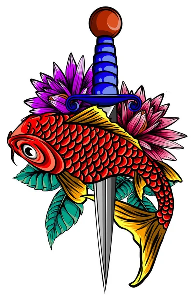 Handgezeichneter Koi-Fisch mit Blumen-Tätowierung für Arm.Bunte Koi-Karpfen mit Wasserspritzer, Lotus und Pfingstrose Blume. — Stockvektor