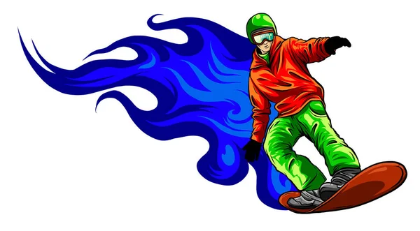 Snowboarder corvo sul fuoco disegno illustazione vettoriale — Vettoriale Stock