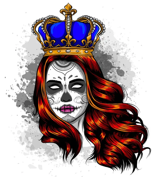 Vrouwelijke schedel met een kroon en lang haar. Koningin van de dood getekend in tattoo stijl. Vectorillustratie. — Stockvector