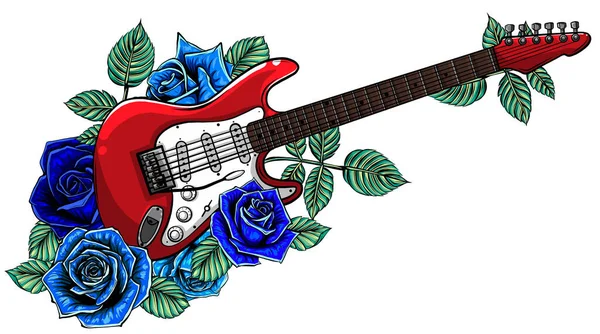 Ilustrasi Gitar abstrak dengan mawar merah. Vektor - Stok Vektor