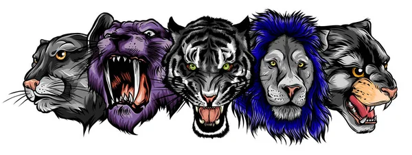 Ensemble vectoriel de chats de bande dessinée. Illustration de panthère noire, cougar, jaguar, léopard, lion, tigre, guépard, léopard des neiges . — Image vectorielle