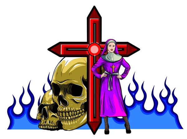 Purgatory nun in fire cartoon character vector — Stock Vector