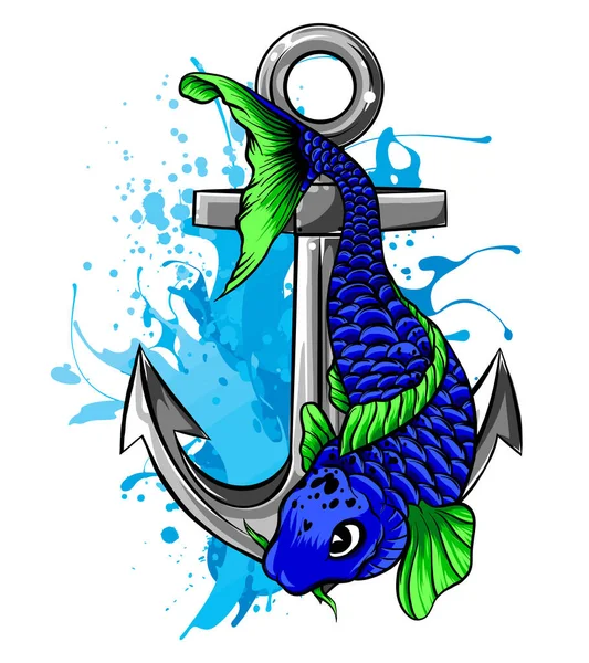 Um desenho Âncora e peixe vector illustarion — Vetor de Stock