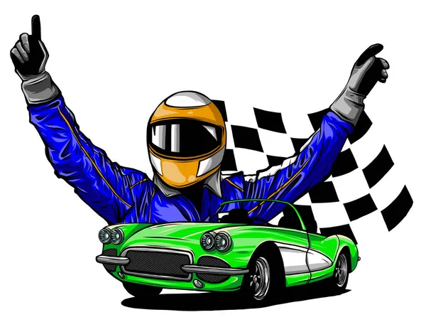 Векторная иллюстрация гоночного автомобиля с флагом шашки на грандиозном фоне — стоковый вектор