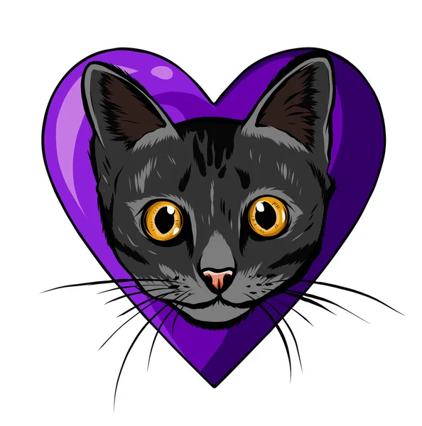 Black cartoon cat biting a huge heart. — Stock Vector