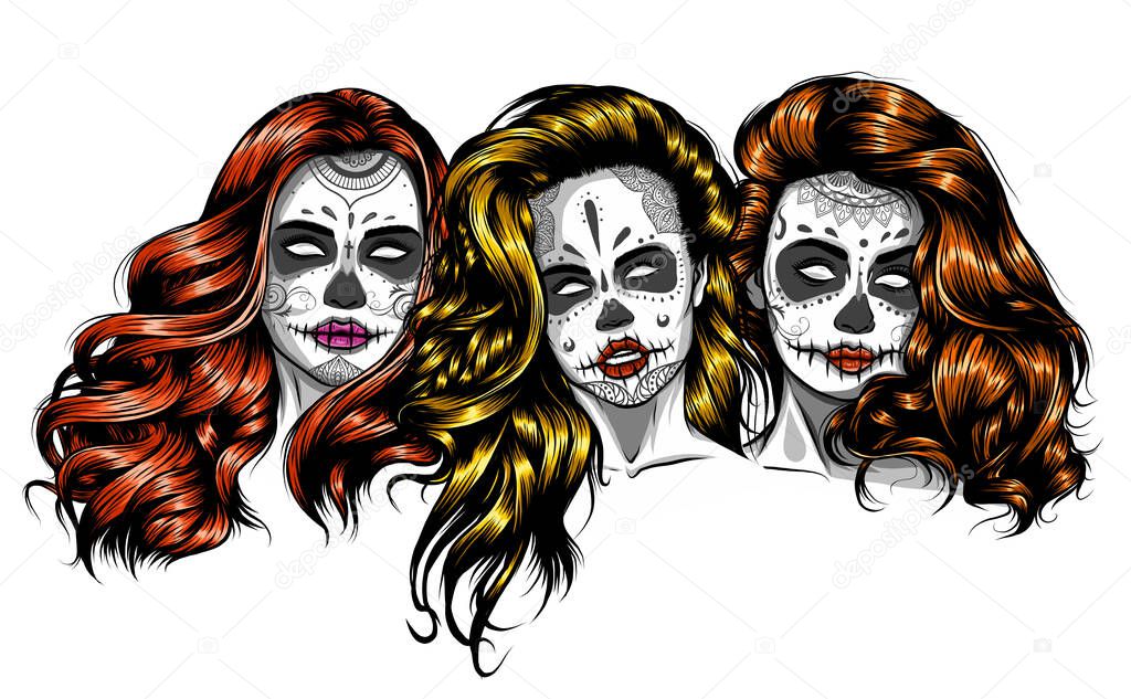 Girl with skeleton make up hand drawn vector sketch. Santa muerte woman witch portrait stock illustration