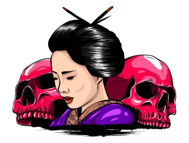 Eski dövme stiline sahip geyşa kafatasının vektör çizimi ve geleneksel Japon kanji kelimeleri güç anlamına gelir.