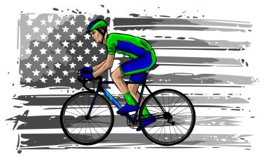 american cyclist riding racing bicycle cycling facing front set inside shield crest with usa stars and stripes flag in the background done in retro style.