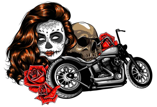 Vecteur illustation vintage hachoir moto et roses affiche — Image vectorielle