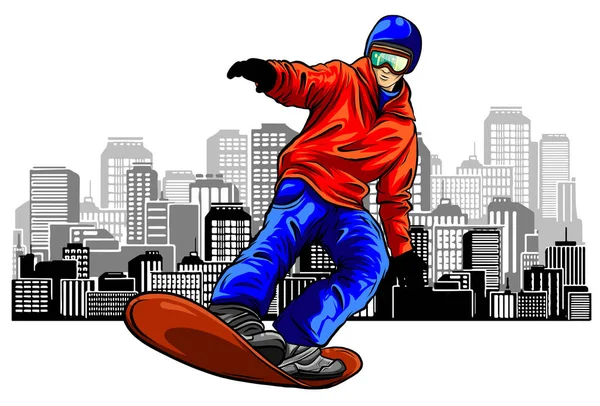 Sketsa warna tangan snowboarder pada latar belakang grunge . - Stok Vektor