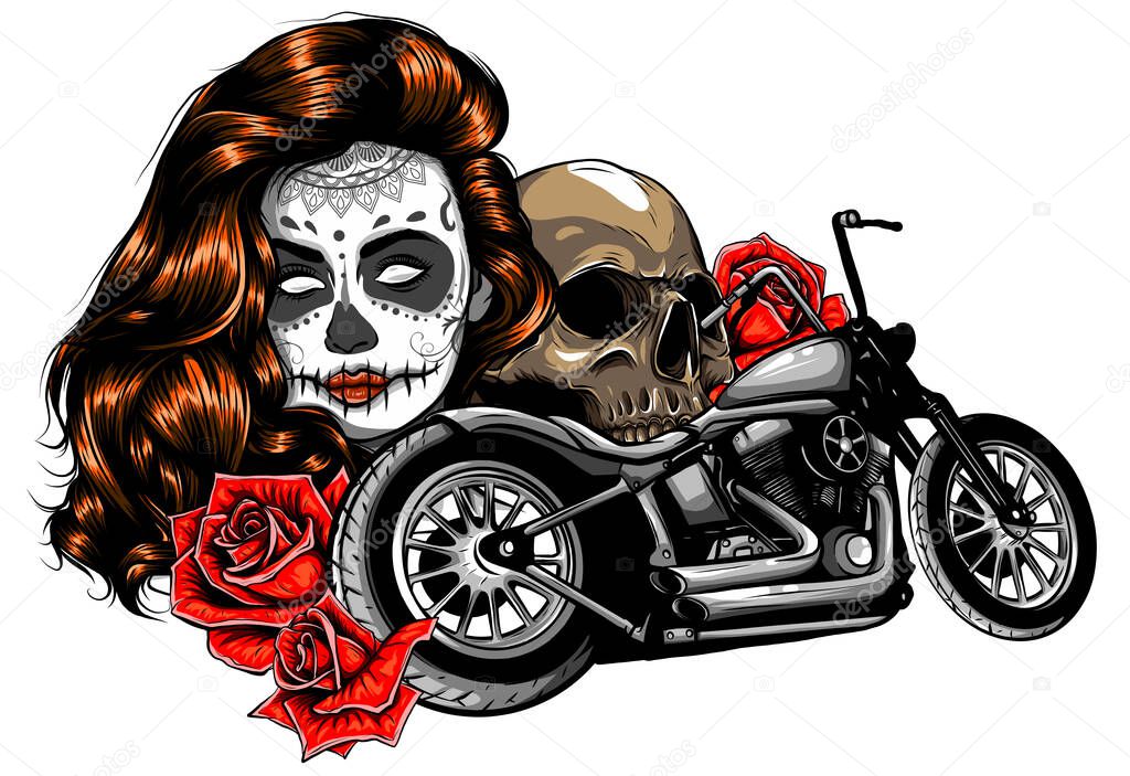 vector illustation vintage chopper motorcycle and roses poster