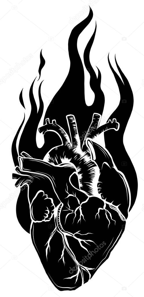 Flaming heart black icon. Vector illustration