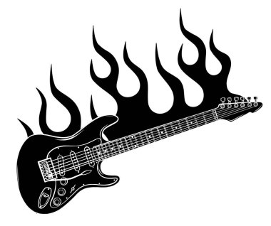 Elektro gitar tam renkli ve siyah alevler vektör çizim yanıyor