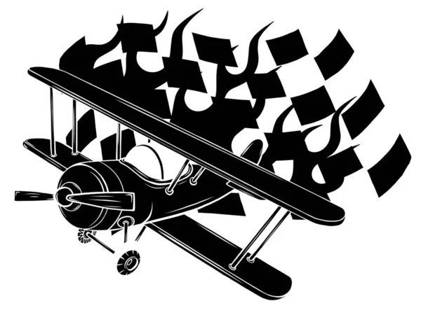 Retro vlak uitziend vlak en embleem met vleugels, vlam en propeller vector — Stockvector