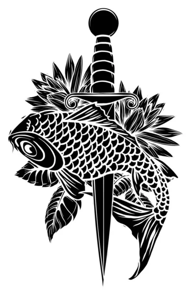 Σχεδίαση εικονογράφηση στυλ σκίτσο ενός ψαριού πέστροφας και ένα μαχαίρι μάγειρες δει — Διανυσματικό Αρχείο