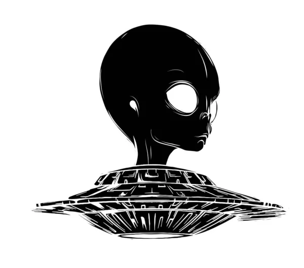 Alien está sentado em um disco voador.Estilo desenhado à mão.Espaço ilustração vetor científico —  Vetores de Stock