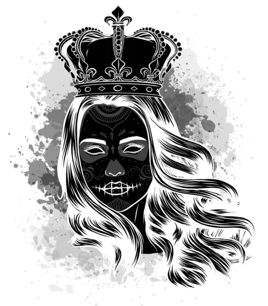 Reina de la muerte. Retrato de un cráneo con corona y pelo largo. — Vector de stock