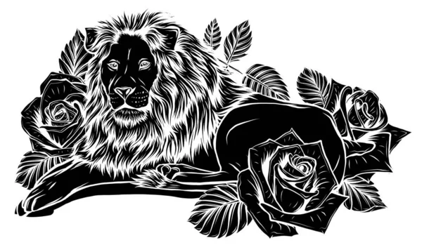 La cabeza de un león en un vector ornamento de flores — Vector de stock