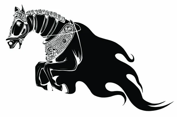 Символ огненного коня или дьявольского жеребца с головой разгневанного коня с ярко-оранжевой и красной пламенной гривой . — стоковый вектор