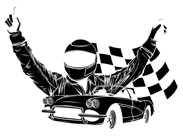 Διανυσματική απεικόνιση του αγωνιστικού αυτοκινήτου με σημαία checker σε grungy φόντο — Διανυσματικό Αρχείο