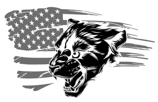 Broderi tigerhuvud och krusade amerikanska flaggan. Cool slogan. — Stock vektor