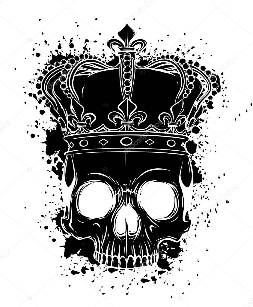 King of death. Portrait of a skull with a crown. Vector rock illustration for your fashion design.