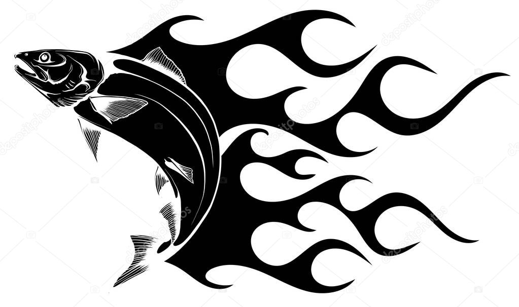 Jumping salmon fish in retro style isolated on white background, such a logo.