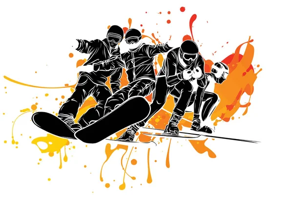 Snowboard jump isolated icons. Winter sports at kids holiday. Parents and children skiing in snow landscape. — 图库矢量图片