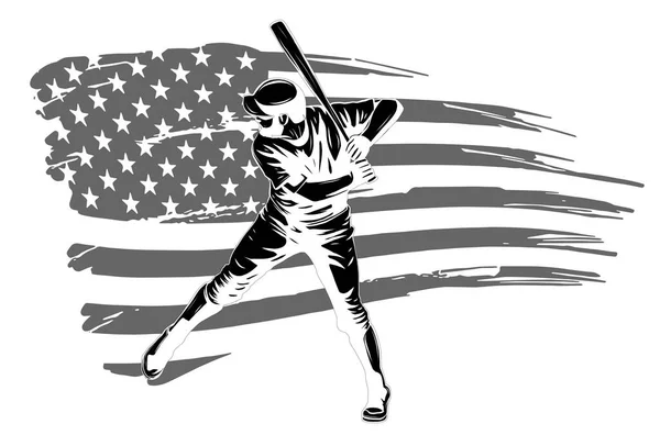 Ilustração vetorial de um jogador de beisebol batendo a bola. Cartaz temático esporte bonito. —  Vetores de Stock