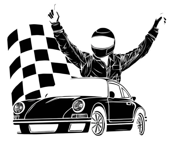 Vector ilustración de coche de carreras con bandera del inspector sobre fondo grueso — Vector de stock