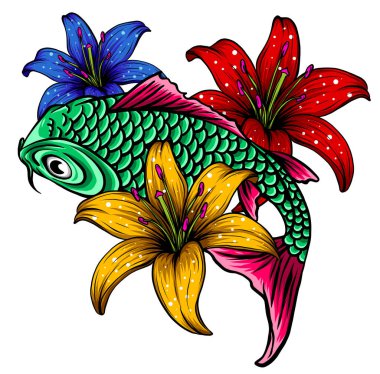 El çizimi Koi balığı ve su Japon dövmesi.