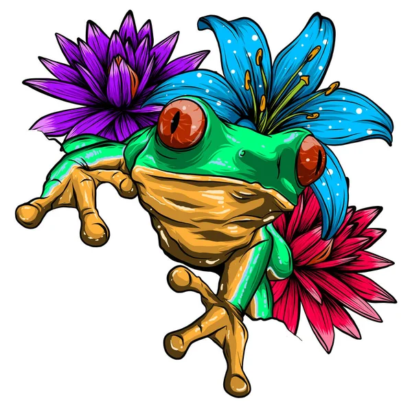 Bonita caricatura de rana. Rana de dibujos animados sentada con flor, ilustración vectorial — Vector de stock