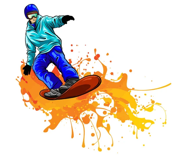 Ilustração vetorial de snowboarder pulando no fundo das montanhas — Vetor de Stock