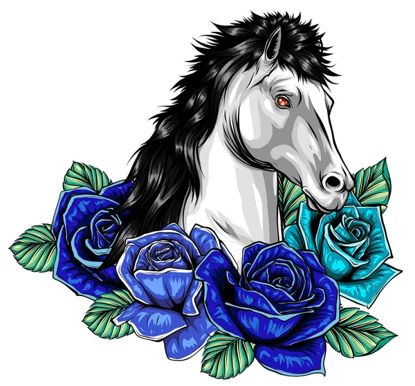 Cabeza de caballo con flores vector ilustración imagen — Archivo Imágenes Vectoriales