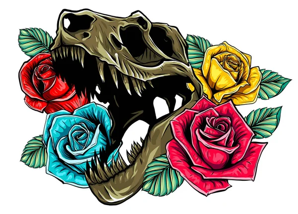 Tyrannosaurus Crânio com rosas Design de ilustração vetorial Tatuagem — Vetor de Stock