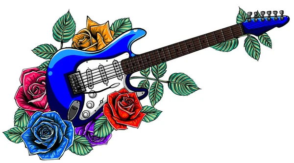Dekorativní stylizované ručně kreslené kytara a květiny — Stockový vektor