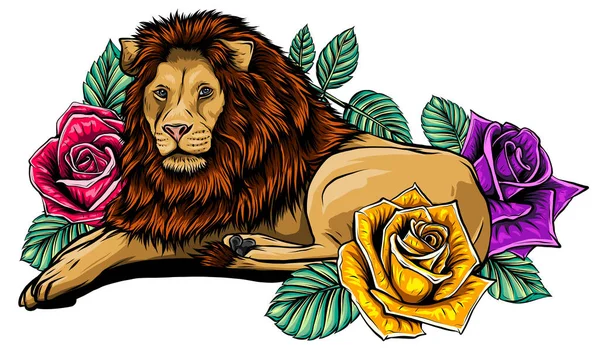 Λιοντάρι με τριαντάφυλλα και φύλλα εικονογράφηση. Αφρικάνικο κεφάλι λιονταριού. Εικονογράφηση διανύσματος. Εκτύπωση λιονταριού. — Διανυσματικό Αρχείο