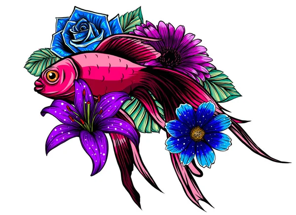 Piękne ręcznie rysowane ryby karp Koi w lotos kwiaty lilii wodnej. — Wektor stockowy