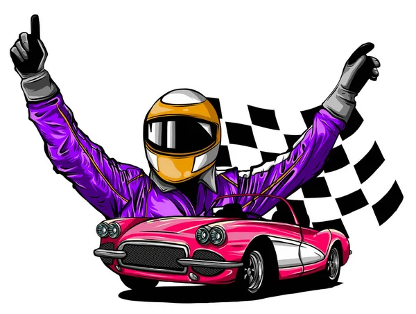 A vector illustration of a race car driver in front of his car — Stock Vector