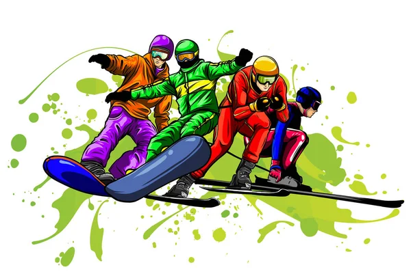 Сноуборд стрибає ізольовані значки. Зимові види спорту на дитячому святі. Батьки і діти катаються на лижах у сніжному ландшафті . — стоковий вектор