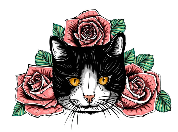 Kreskówkowy puszysty kot z różami. Kot syjamski z otwartymi oczami i kwiatami. — Wektor stockowy