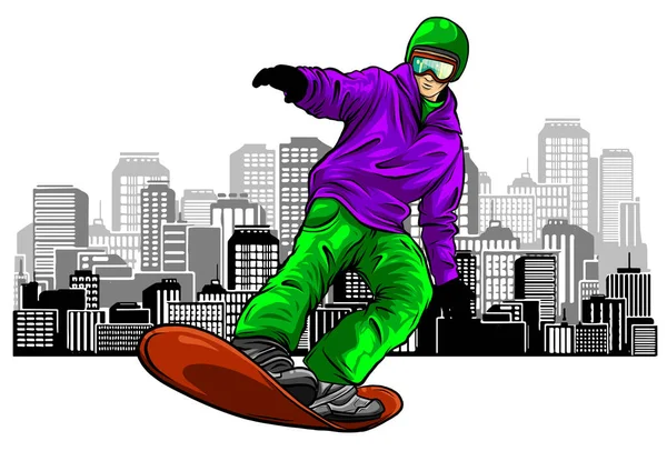 Snowboarden. Vector illustratie van glijdende snowboarder in trendy platte stijl — Stockvector