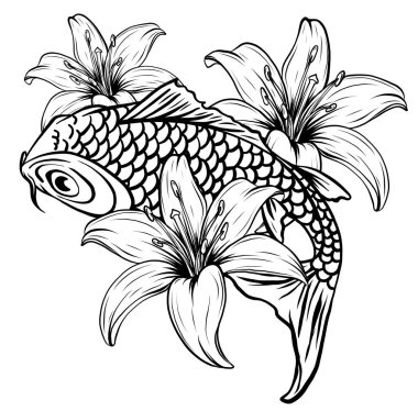 Koi balığının resmi. çizim vektörü Japon vektör çizimi motifi. Japonya 'nın geçmişi. Japonca çizilmiş el..