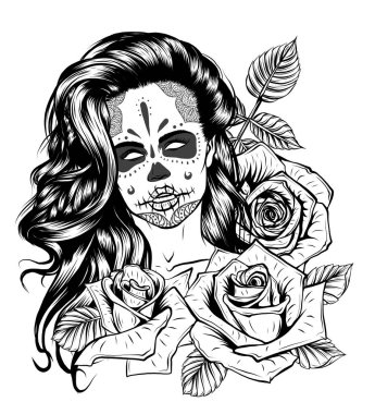 El çekilmiş güzel genç kadın çiçek çelenk. Uzun saçlı sevimli kız. Kroki.