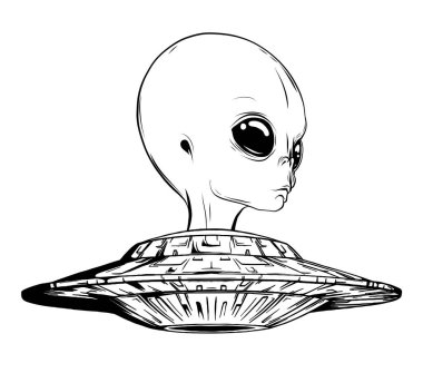 Uzaylılar ve UFO vektör nesneleri ve tasarım elementleri beyaz arkaplanda izole edilmiş tek renk biçiminde