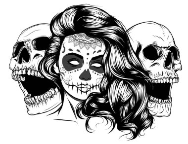 Çığlık atan kafatasıyla güzel bir kadının tek renk çizimi.