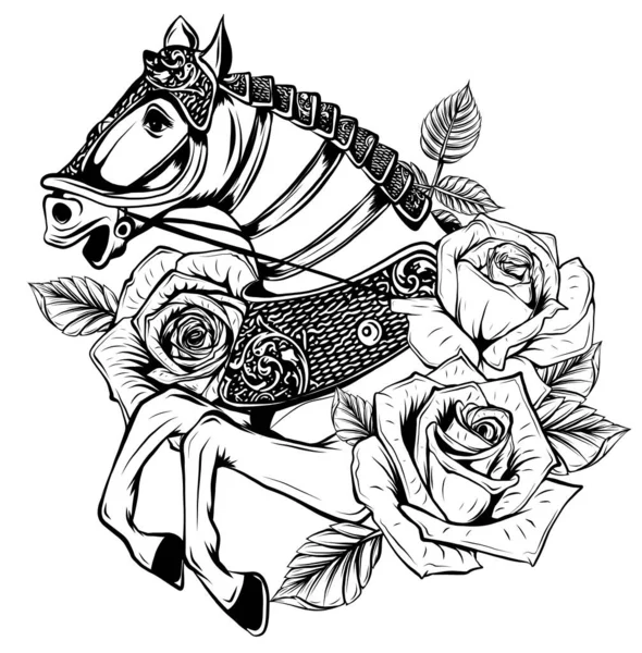 Belo cavalo com rosas. Ilustração vetorial desenhada — Vetor de Stock