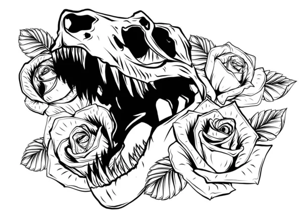 详细素描风格的咆哮的霸王龙和玫瑰框架。纹身设计. — 图库矢量图片