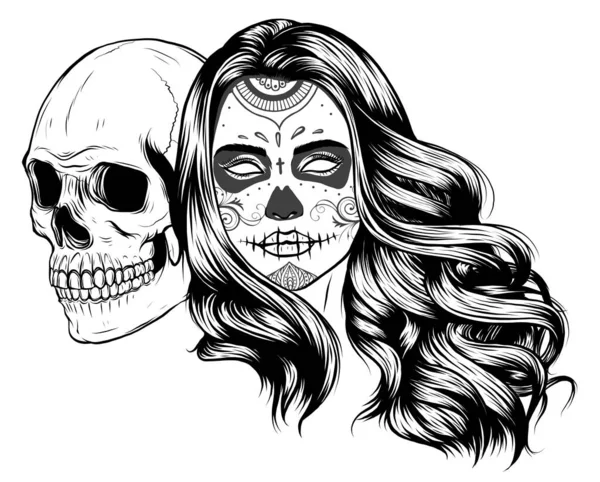 Dead girl with two sugar skulls. vector illustration — Διανυσματικό Αρχείο